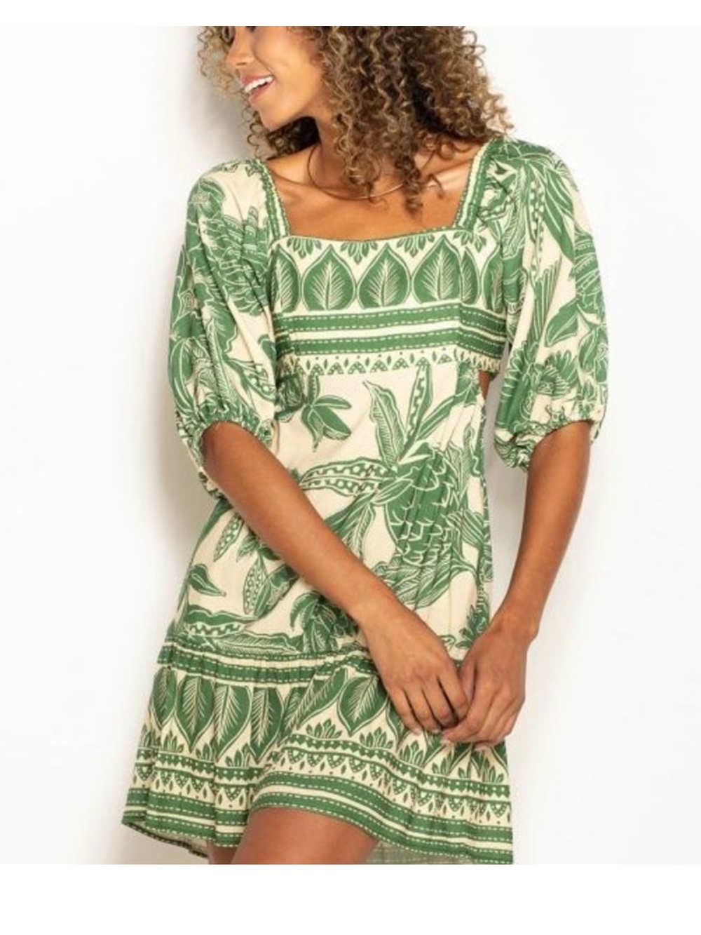 FARM Rio Green and Cream Tropical Square-Neck Swim Coverup